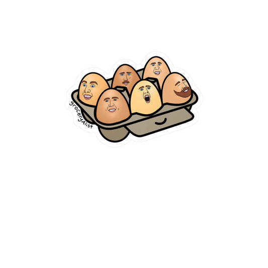 Nicolas Cage-Free Eggs Vinyl Sticker | Funny Celebrity Food Pun | Famous Actor Wordplay Decal