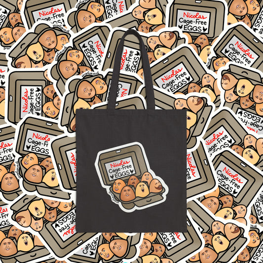 Nicolas Cage-Free Eggs Tote Bag | Funny Celebrity Food Pun Canvas Bag | Famous Movie Star Actor Dad Joke Wordplay Tote