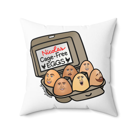Nicolas Cage-Free Eggs Pillow | Funny Celebrity Food Pun Throw Pillow | Famous Actor Dad Joke Wordplay Cushion