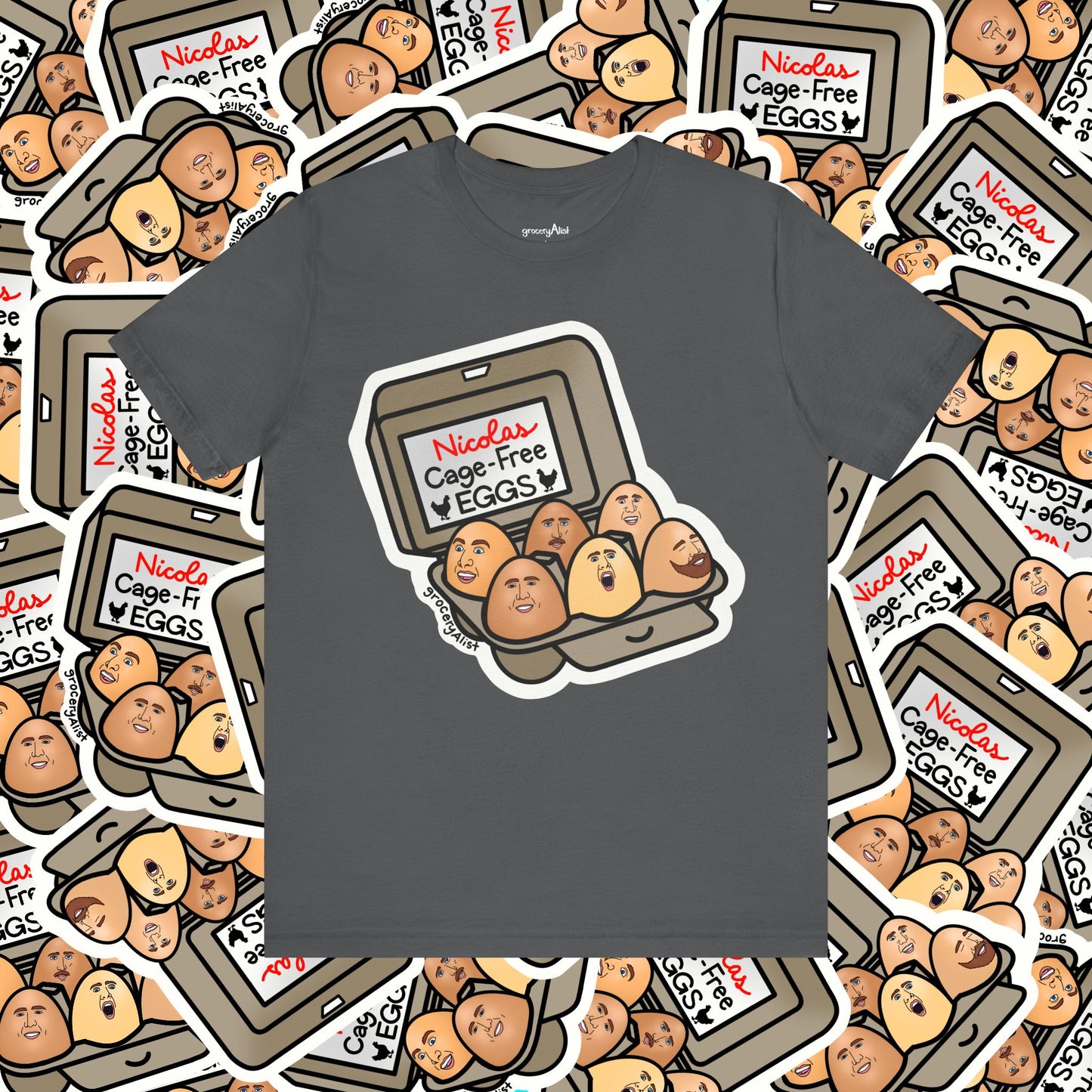 Nicolas Cage-Free Eggs T-shirt Full Front | Celebrity Food Pun T-shirt | Famous Actor Dad Joke Shirt