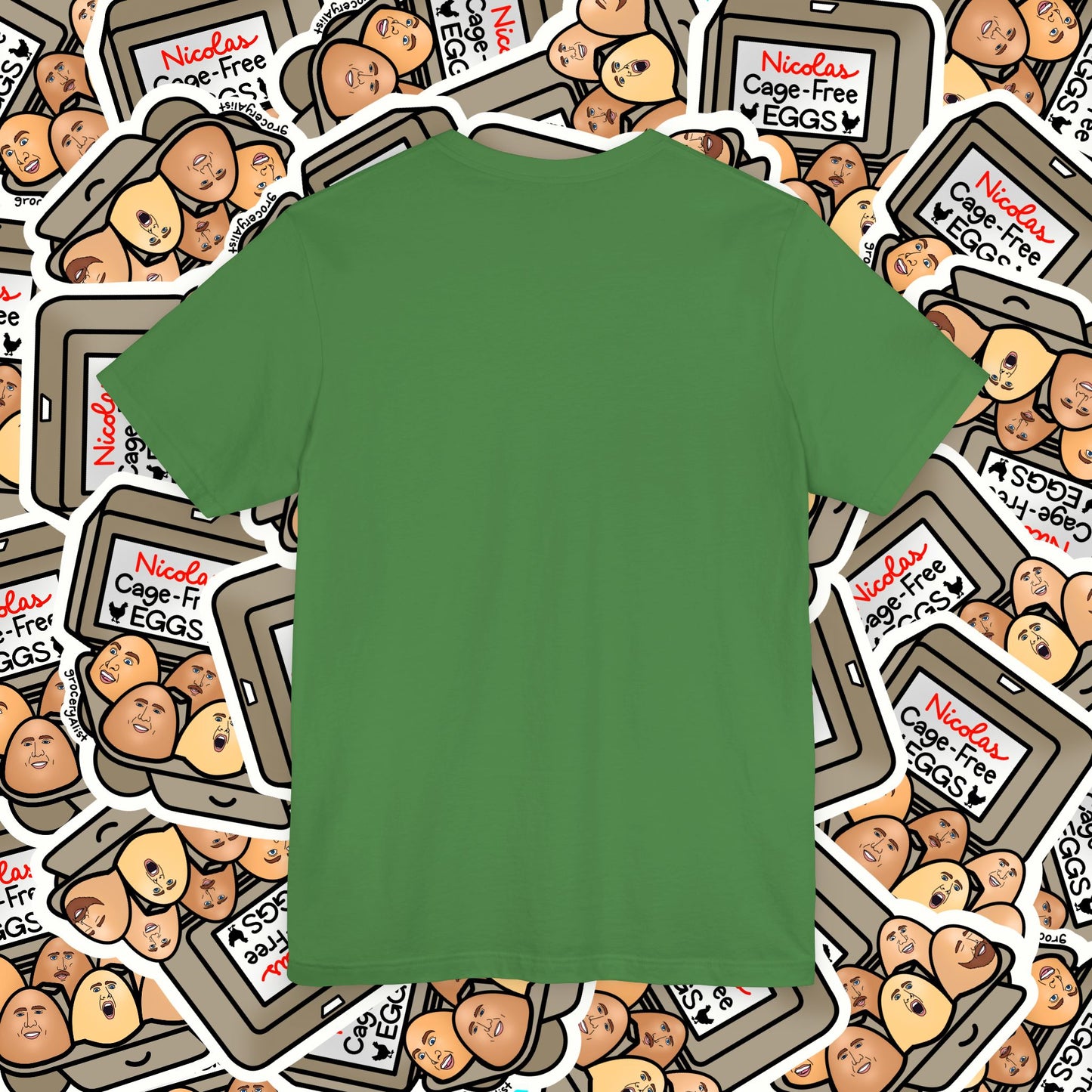 Nicolas Cage-Free Eggs T-shirt Full Front | Celebrity Food Pun T-shirt | Famous Actor Dad Joke Shirt