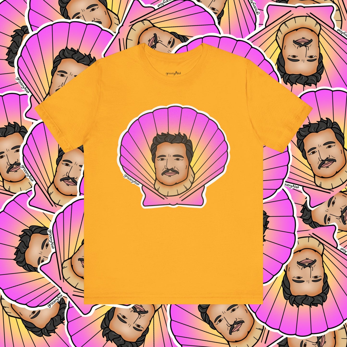 Pedro Pascallop T-shirt Full Front | Celebrity Food Pun T-shirt | Famous Actor Dad Joke Shirt