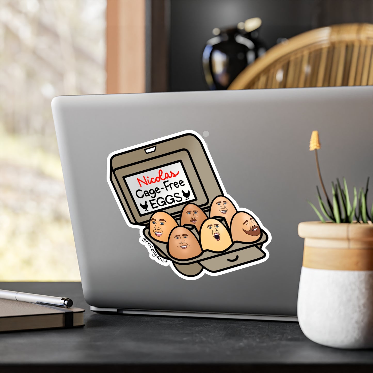 Nicolas Cage-Free Eggs Vinyl Sticker + Lid with Name | Funny Celebrity Food Pun | Famous Actor Wordplay Decal