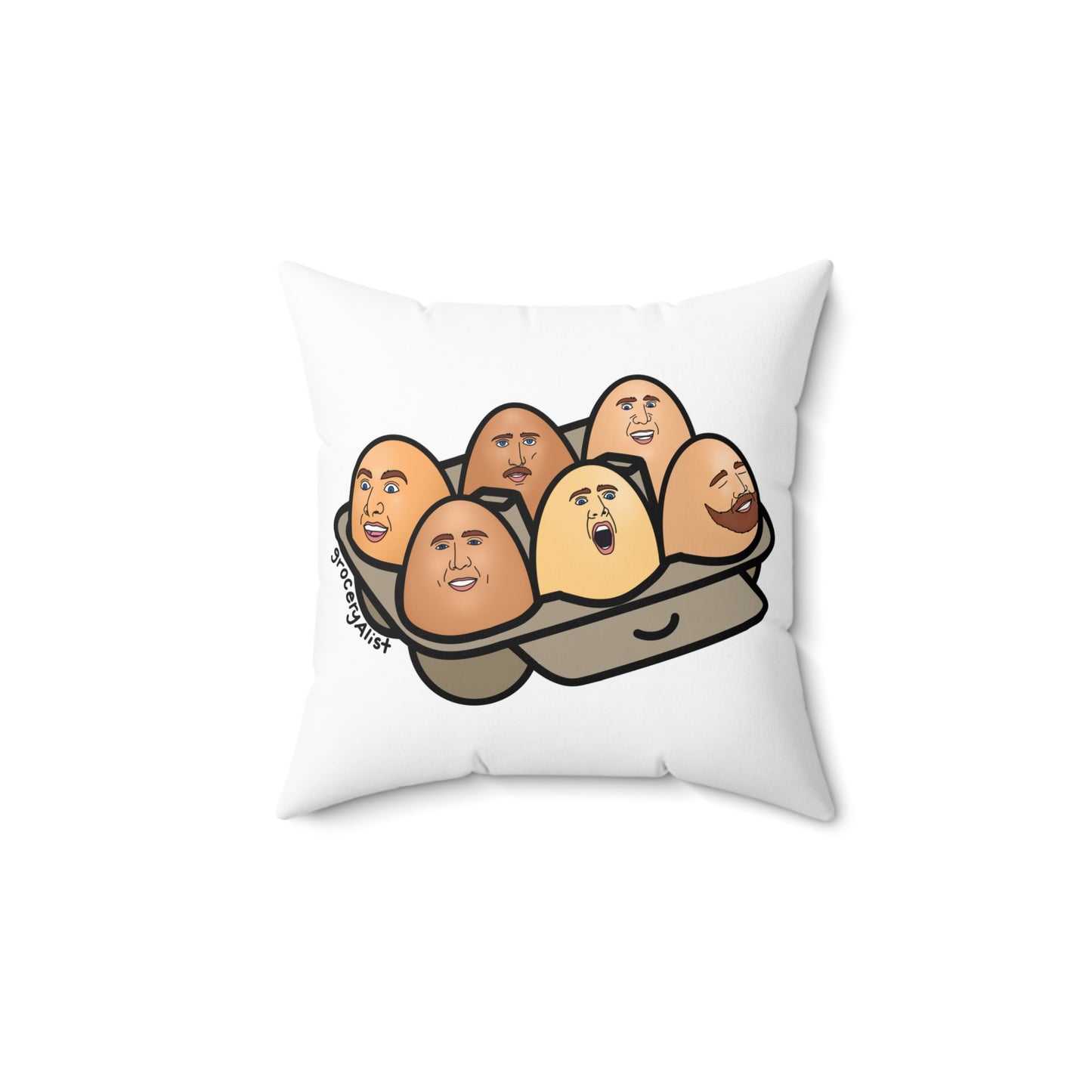 Nicolas Cage-Free Eggs Pillow | Funny Celebrity Food Pun Throw Pillow | Famous Actor Dad Joke Wordplay Cushion