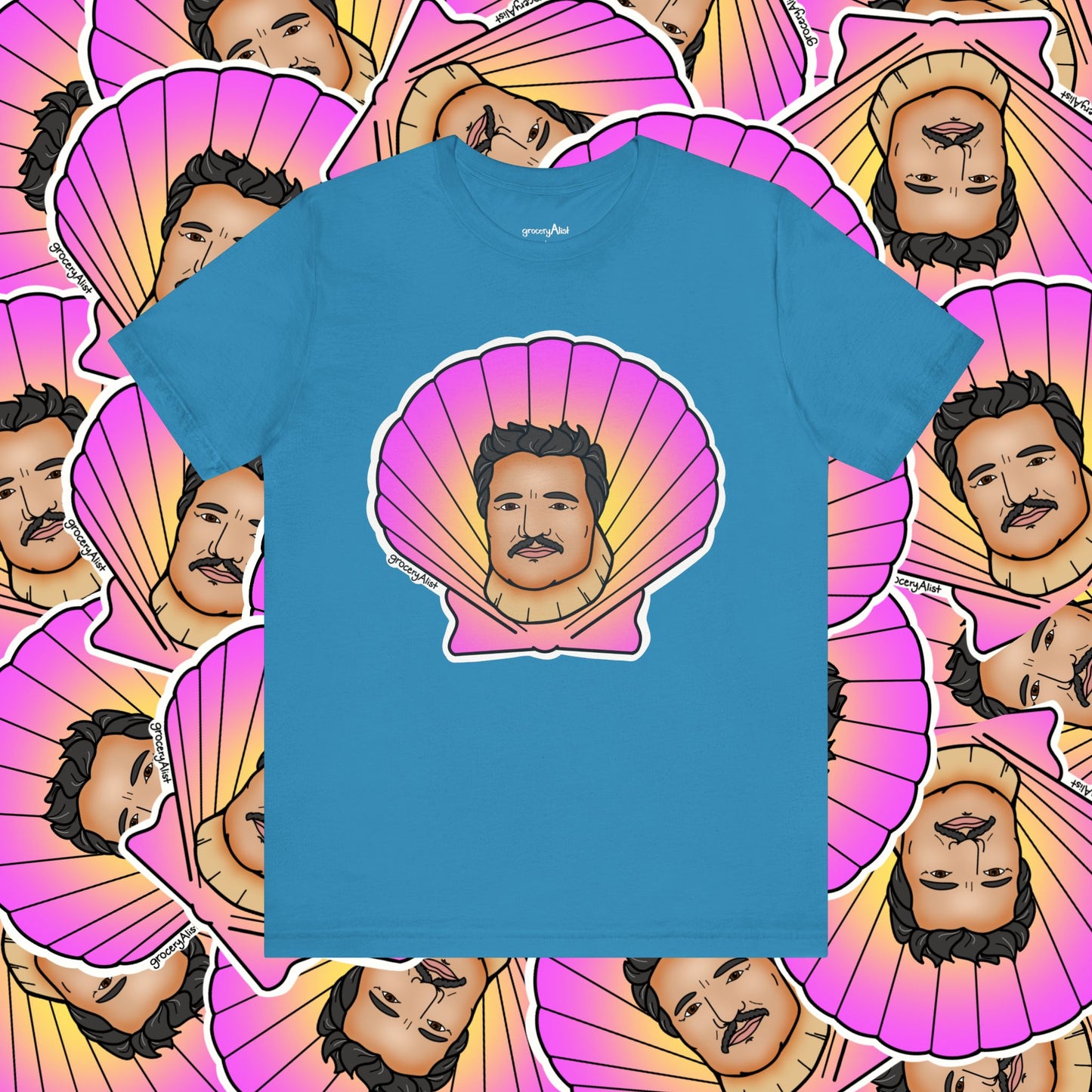 Pedro Pascallop T-shirt Full Front | Celebrity Food Pun T-shirt | Famous Actor Dad Joke Shirt