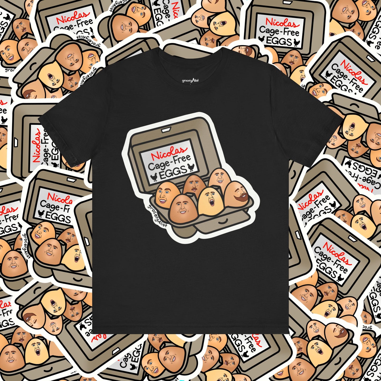 Nicolas Cage-Free Eggs T-shirt Full Front | Celebrity Food Pun T-shirt | Famous Actor Dad Joke Shirt