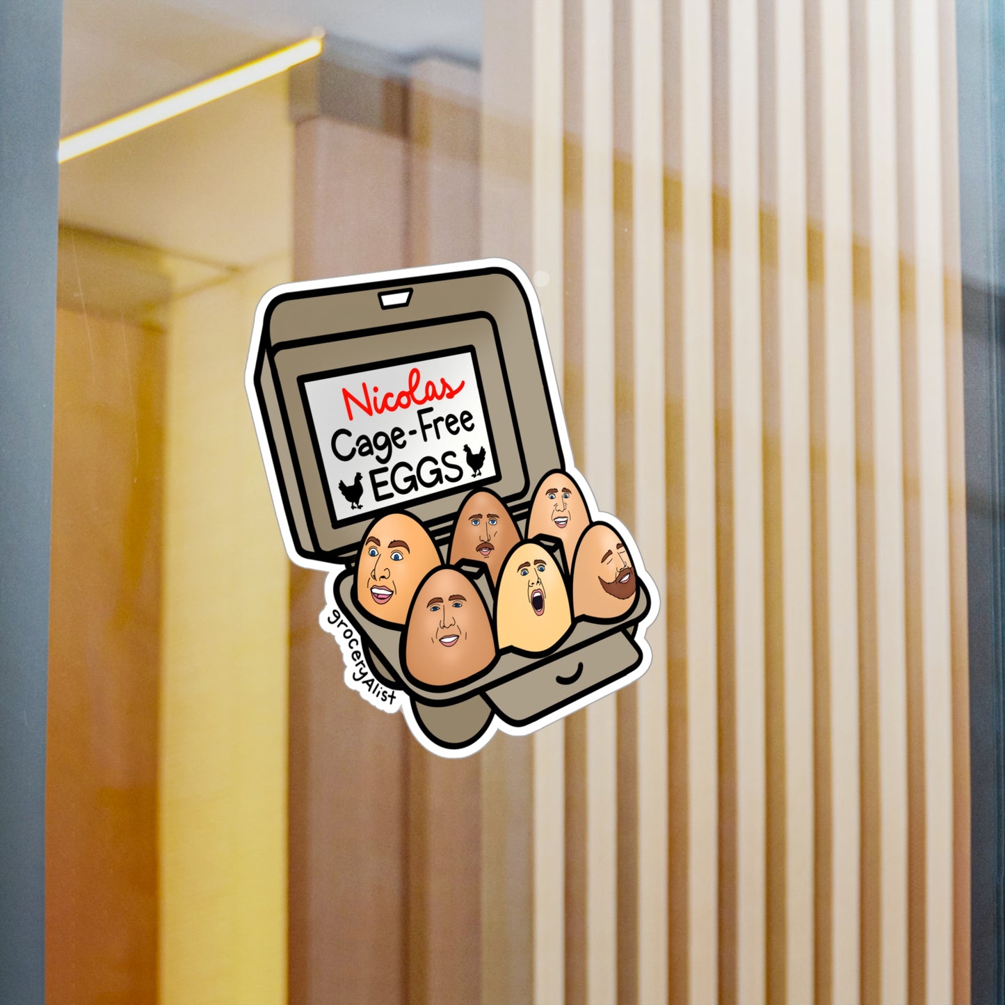 Nicolas Cage-Free Eggs Vinyl Sticker + Lid with Name | Funny Celebrity Food Pun | Famous Actor Wordplay Decal