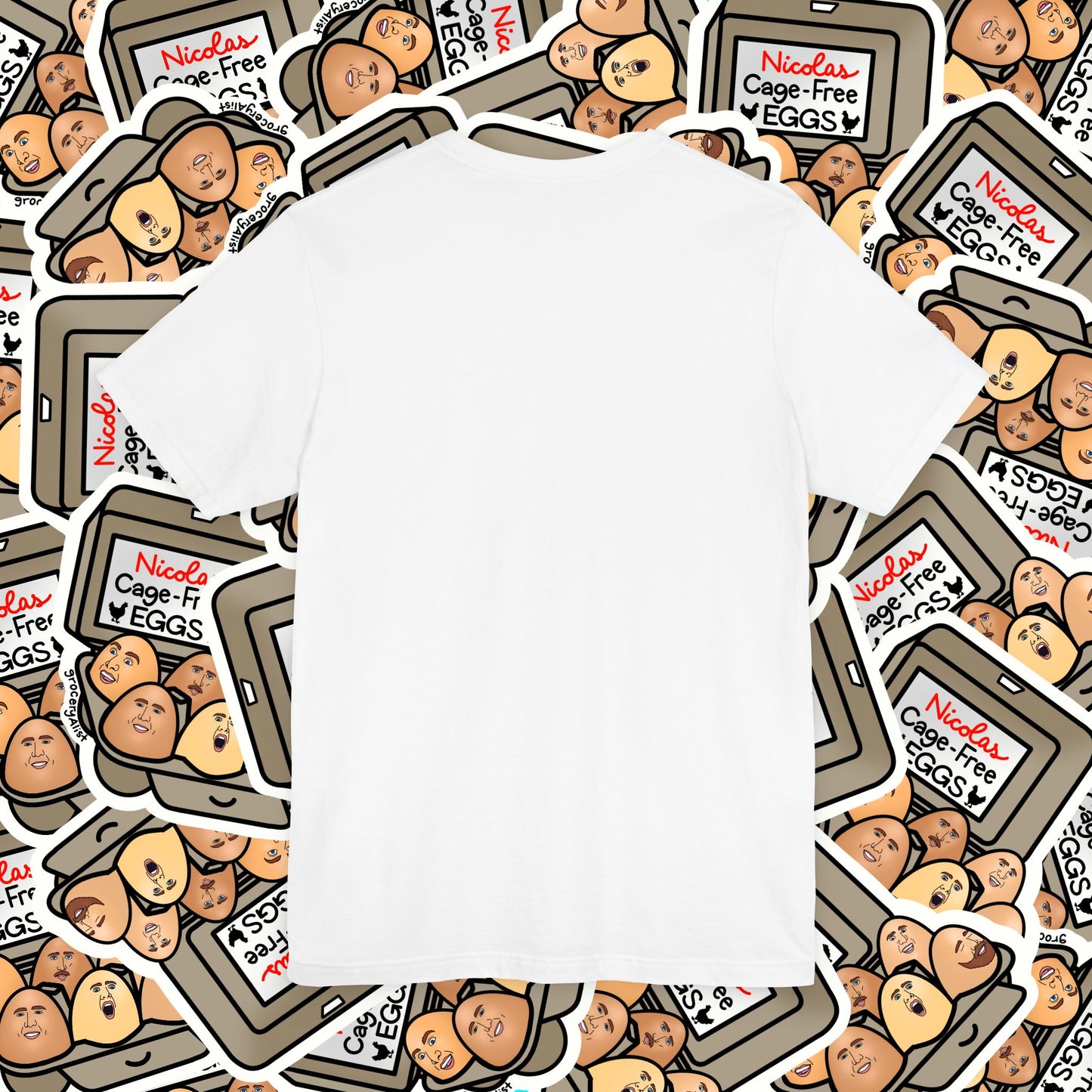 Nicolas Cage-Free Eggs T-shirt Full Front | Celebrity Food Pun T-shirt | Famous Actor Dad Joke Shirt