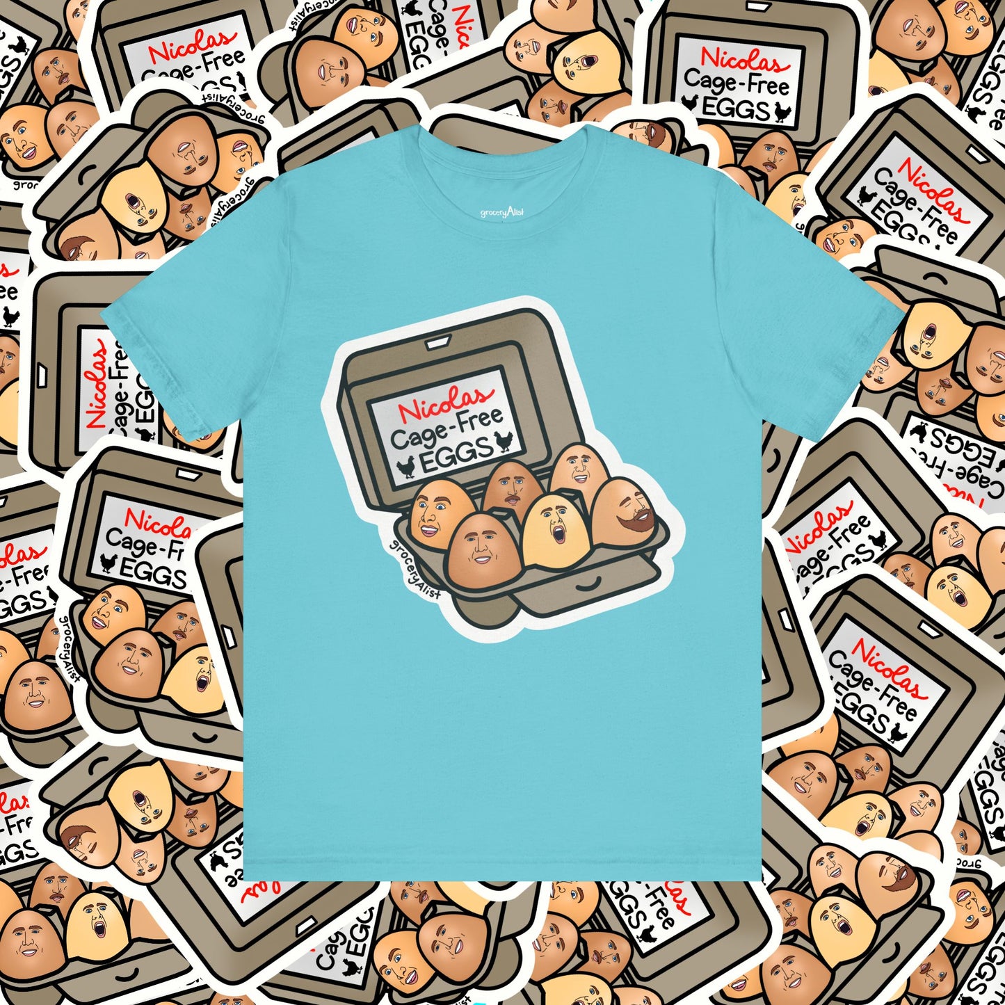 Nicolas Cage-Free Eggs T-shirt Full Front | Celebrity Food Pun T-shirt | Famous Actor Dad Joke Shirt