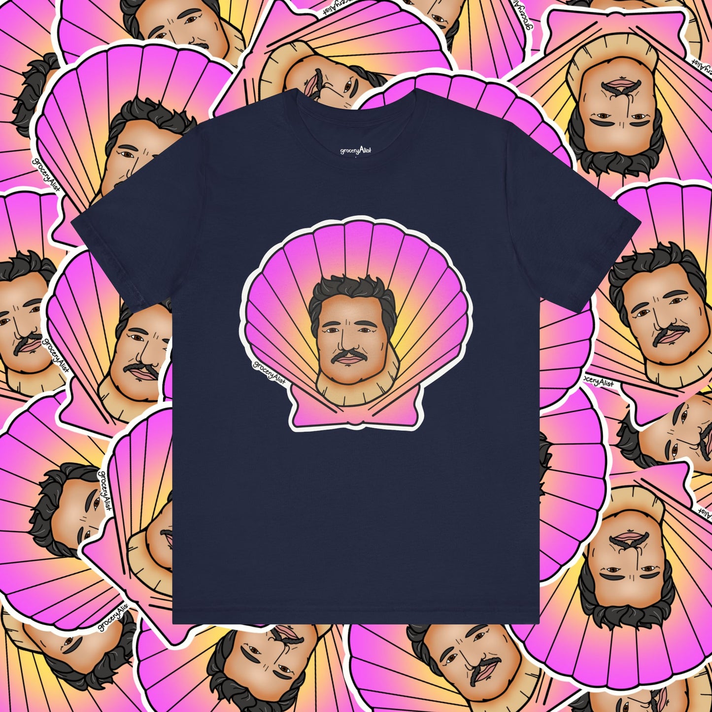 Pedro Pascallop T-shirt Full Front | Celebrity Food Pun T-shirt | Famous Actor Dad Joke Shirt