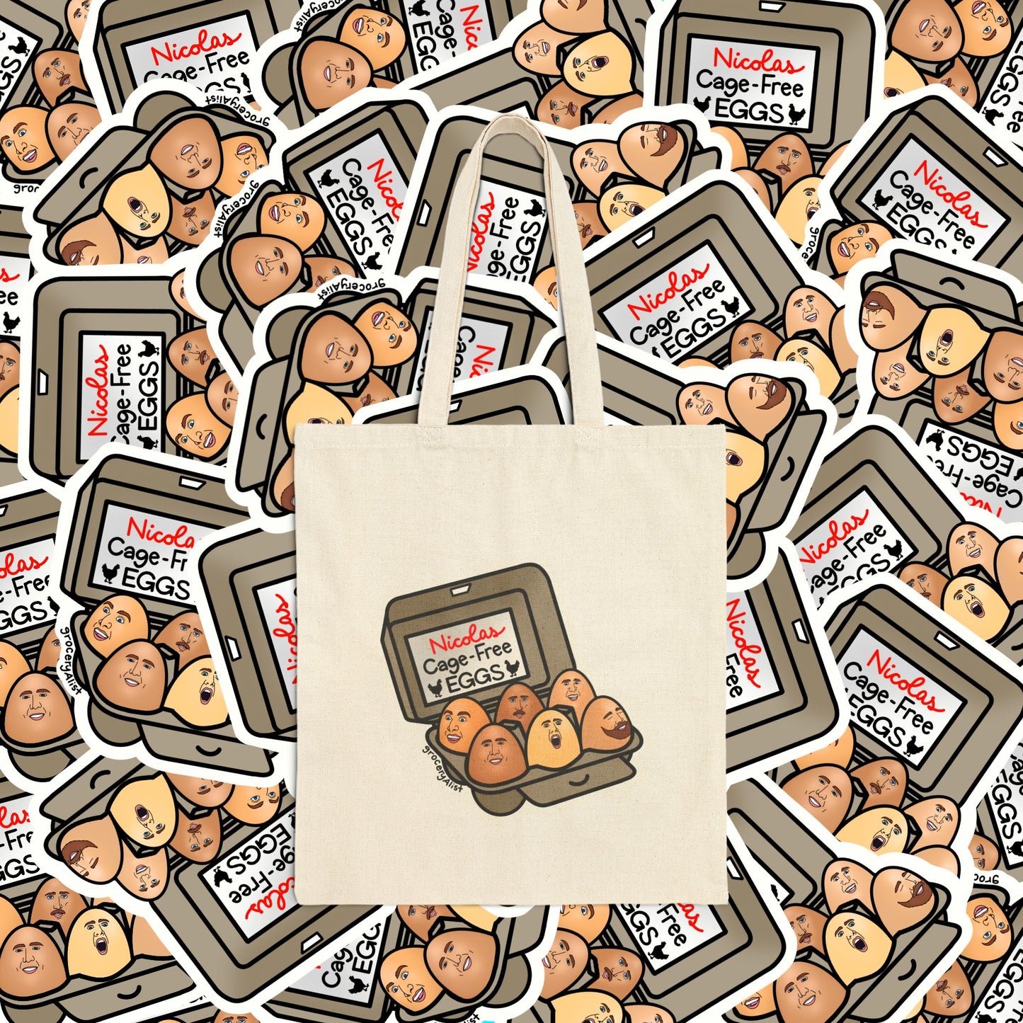 Nicolas Cage-Free Eggs Tote Bag | Funny Celebrity Food Pun Canvas Bag | Famous Movie Star Actor Dad Joke Wordplay Tote