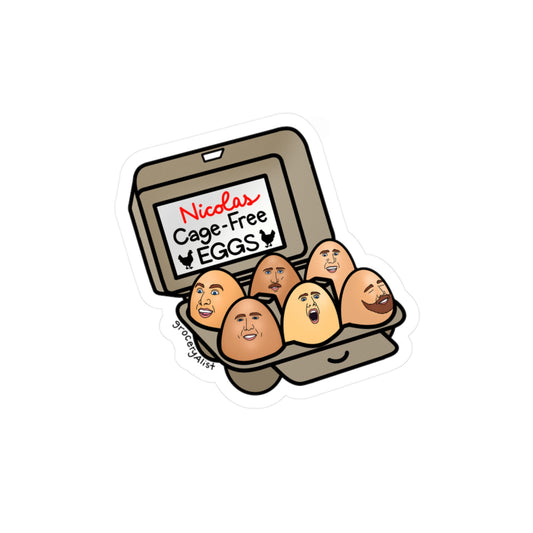 Nicolas Cage-Free Eggs Vinyl Sticker + Lid with Name | Funny Celebrity Food Pun | Famous Actor Wordplay Decal