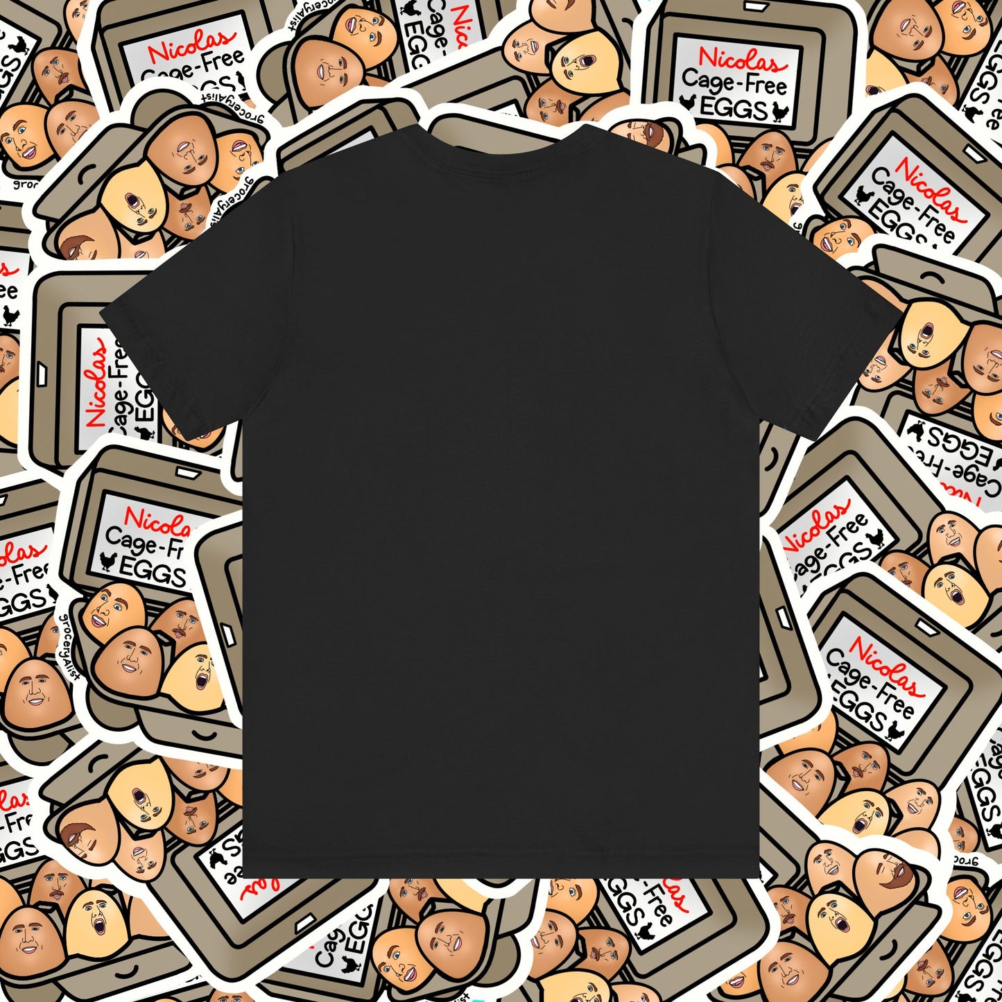 Nicolas Cage-Free Eggs T-shirt Full Front | Celebrity Food Pun T-shirt | Famous Actor Dad Joke Shirt