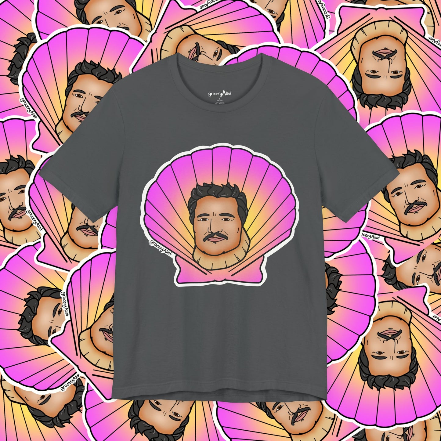 Pedro Pascallop T-shirt Full Front | Celebrity Food Pun T-shirt | Famous Actor Dad Joke Shirt