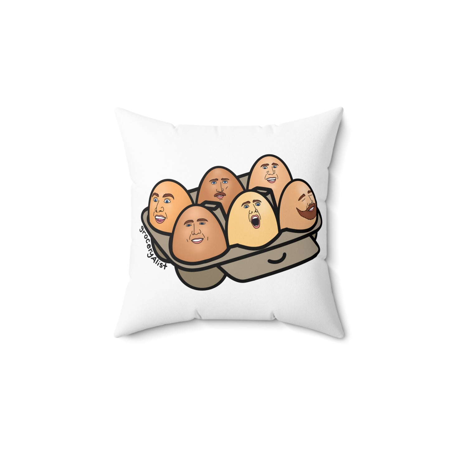 Nicolas Cage-Free Eggs Pillow | Funny Celebrity Food Pun Throw Pillow | Famous Actor Dad Joke Wordplay Cushion