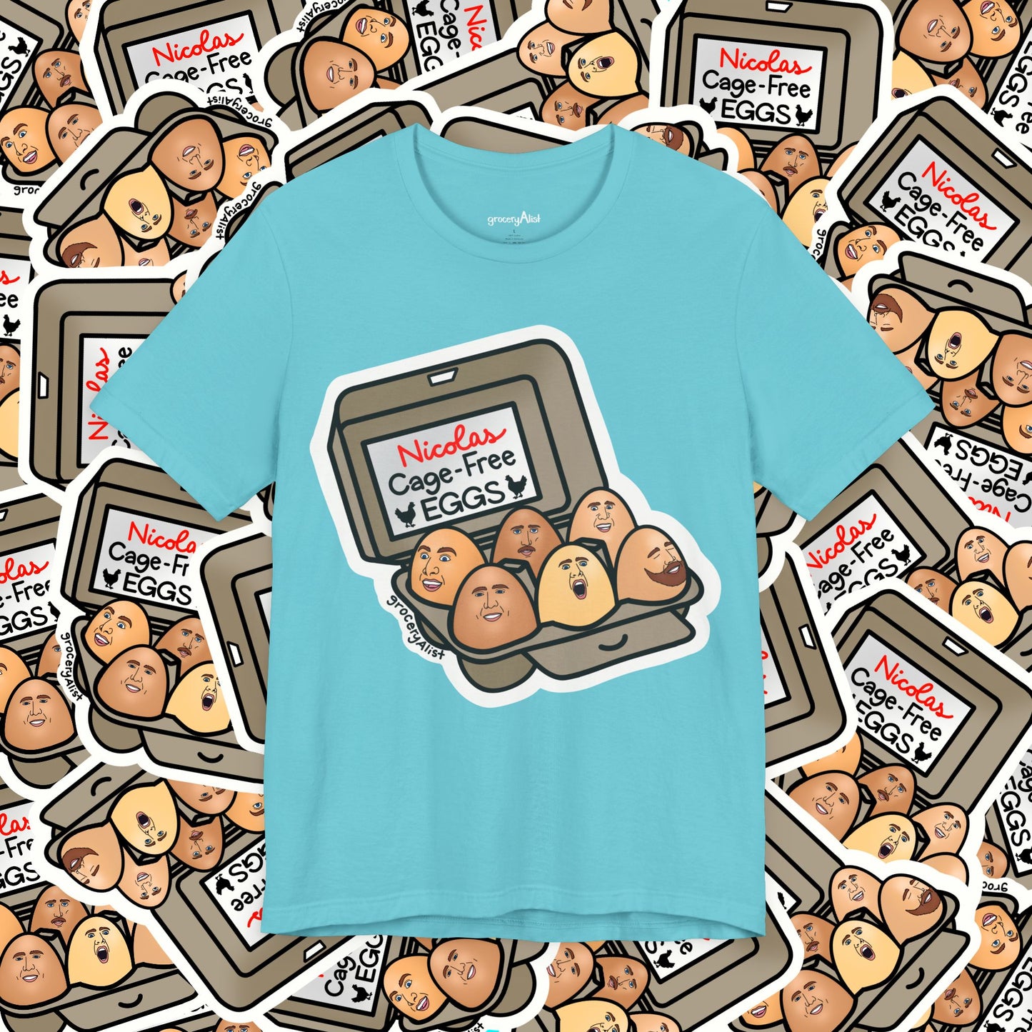 Nicolas Cage-Free Eggs T-shirt Full Front | Celebrity Food Pun T-shirt | Famous Actor Dad Joke Shirt