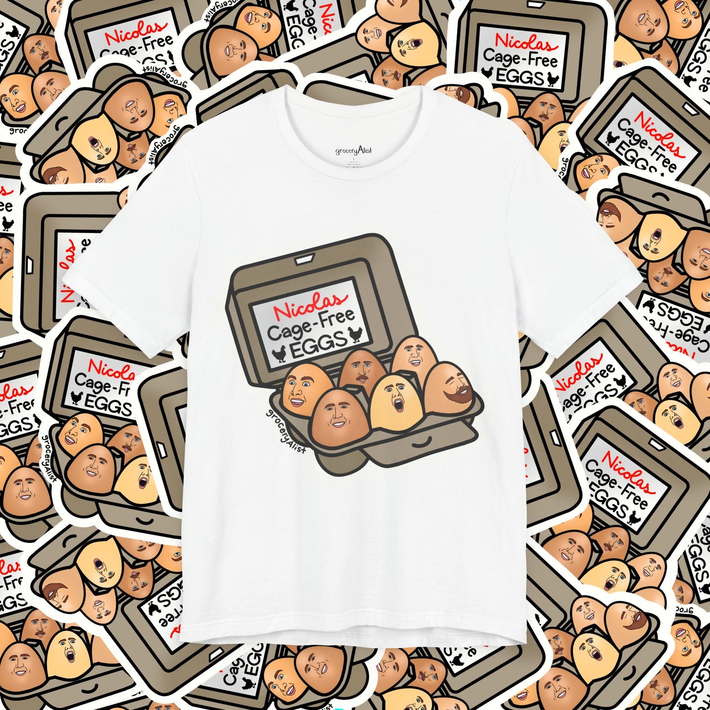 Nicolas Cage-Free Eggs T-shirt Full Front | Celebrity Food Pun T-shirt | Famous Actor Dad Joke Shirt