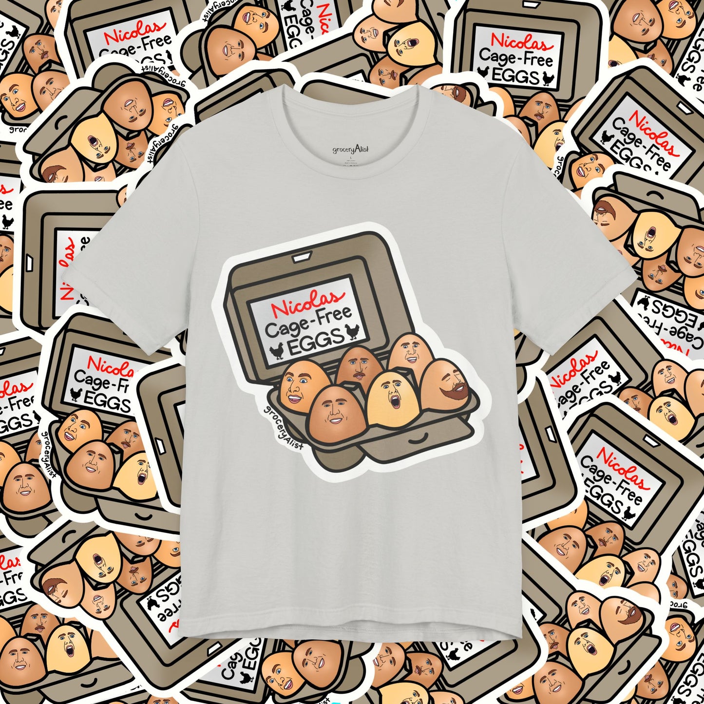 Nicolas Cage-Free Eggs T-shirt Full Front | Celebrity Food Pun T-shirt | Famous Actor Dad Joke Shirt