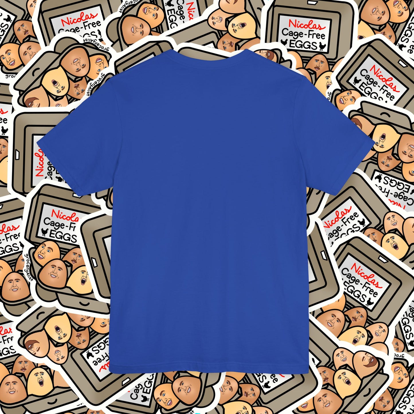 Nicolas Cage-Free Eggs T-shirt Full Front | Celebrity Food Pun T-shirt | Famous Actor Dad Joke Shirt