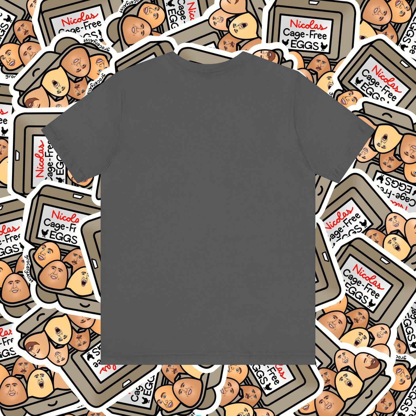 Nicolas Cage-Free Eggs T-shirt Full Front | Celebrity Food Pun T-shirt | Famous Actor Dad Joke Shirt