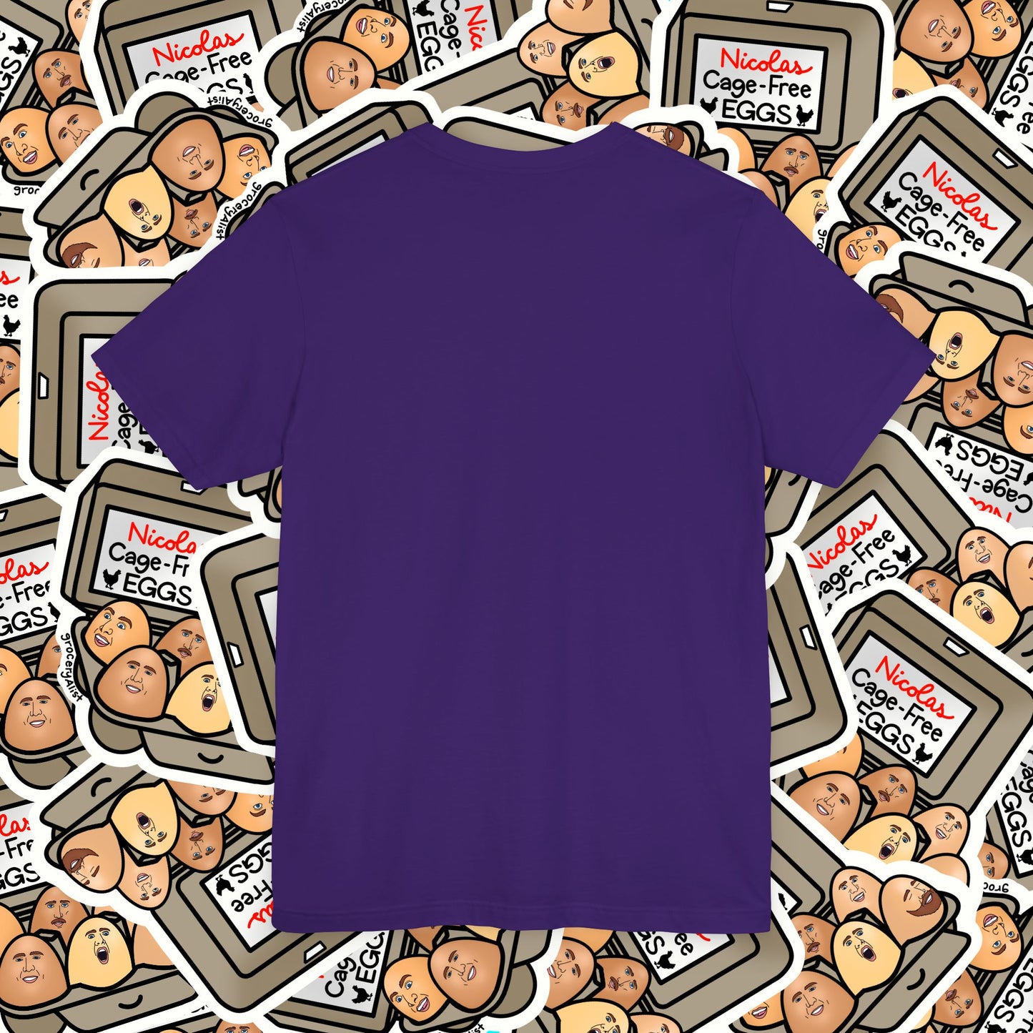 Nicolas Cage-Free Eggs T-shirt Full Front | Celebrity Food Pun T-shirt | Famous Actor Dad Joke Shirt