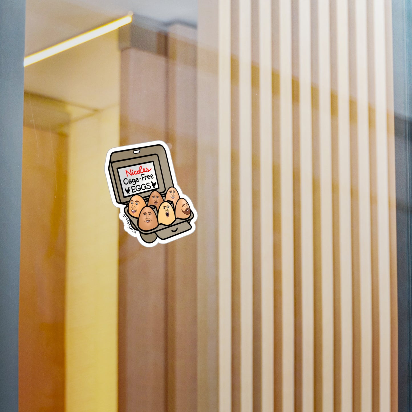 Nicolas Cage-Free Eggs Vinyl Sticker + Lid with Name | Funny Celebrity Food Pun | Famous Actor Wordplay Decal