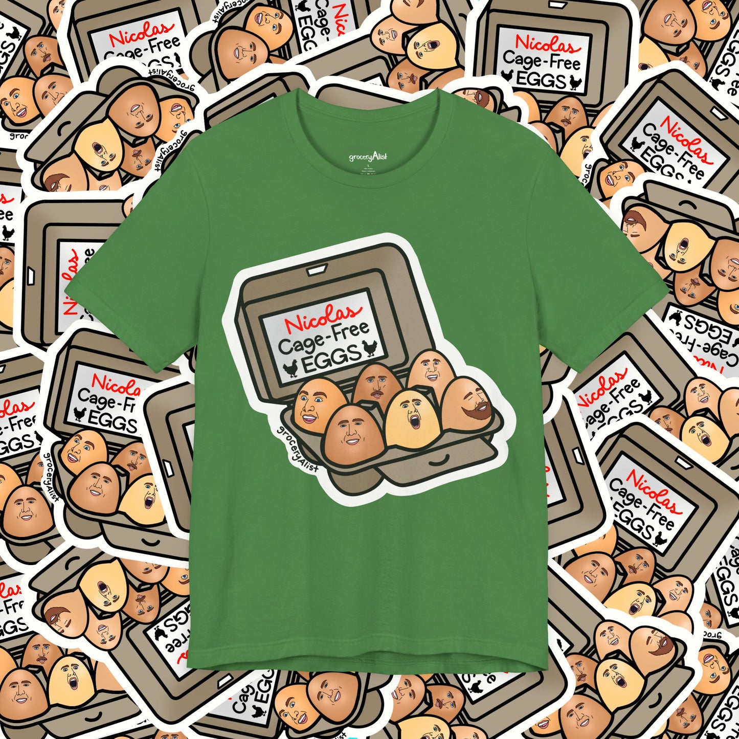 Nicolas Cage-Free Eggs T-shirt Full Front | Celebrity Food Pun T-shirt | Famous Actor Dad Joke Shirt