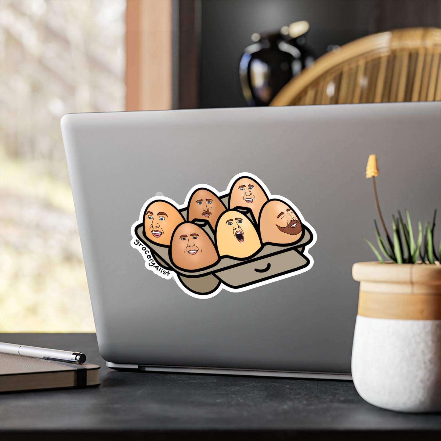 Nicolas Cage-Free Eggs Vinyl Sticker | Funny Celebrity Food Pun | Famous Actor Wordplay Decal