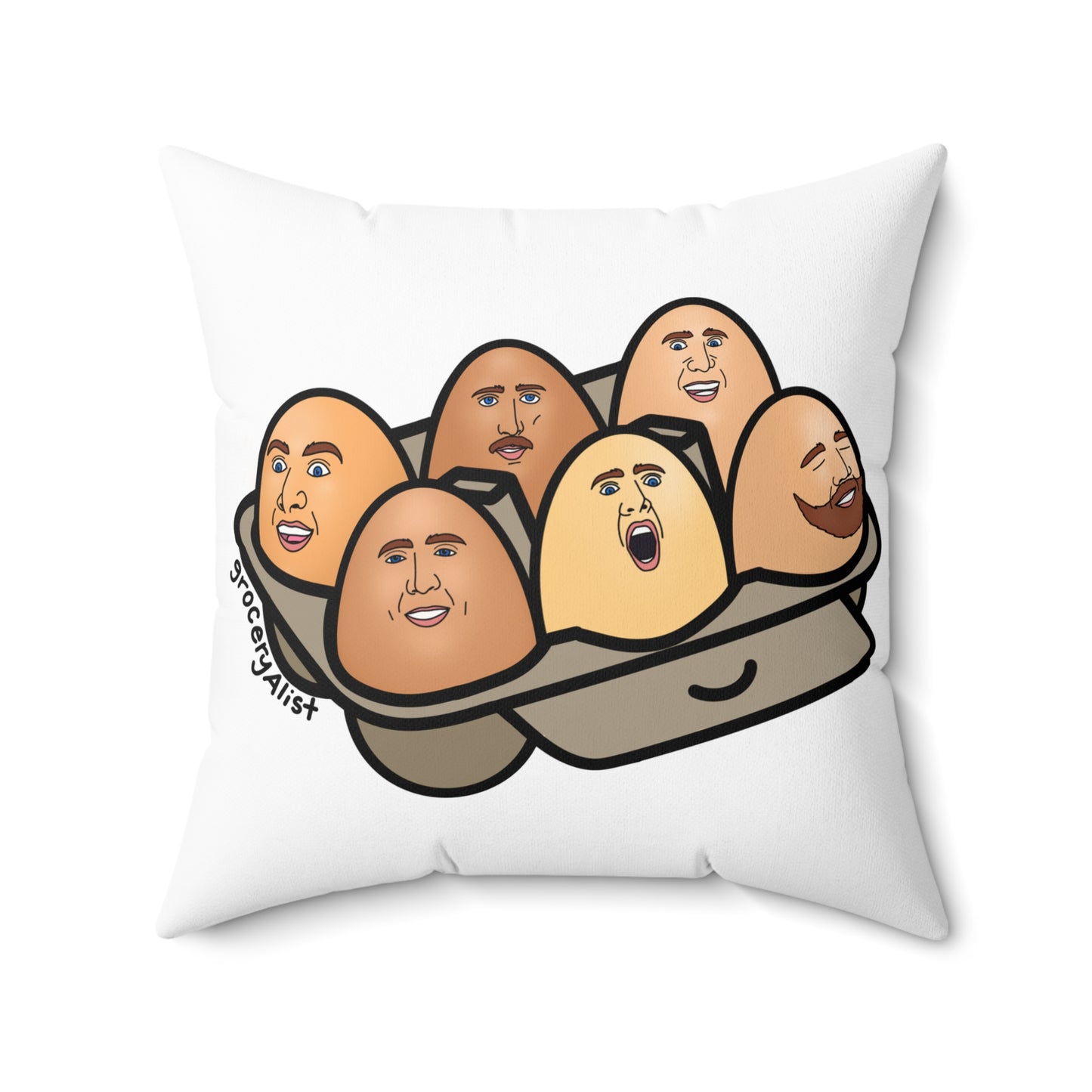 Nicolas Cage-Free Eggs Pillow | Funny Celebrity Food Pun Throw Pillow | Famous Actor Dad Joke Wordplay Cushion