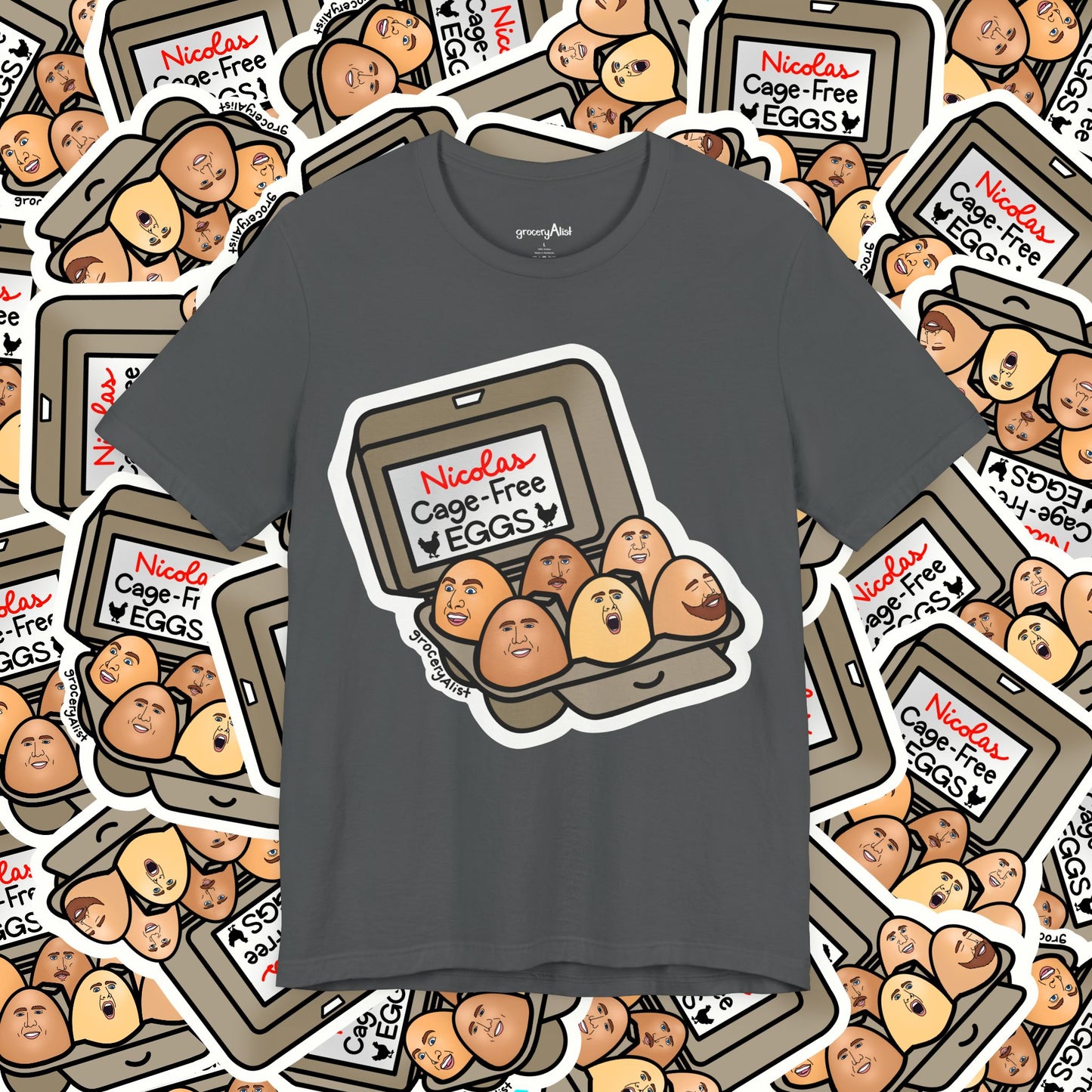 Nicolas Cage-Free Eggs T-shirt Full Front | Celebrity Food Pun T-shirt | Famous Actor Dad Joke Shirt