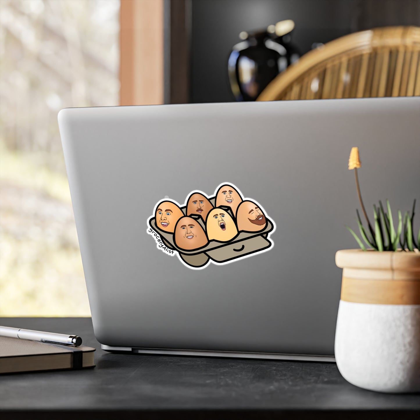 Nicolas Cage-Free Eggs Vinyl Sticker | Funny Celebrity Food Pun | Famous Actor Wordplay Decal