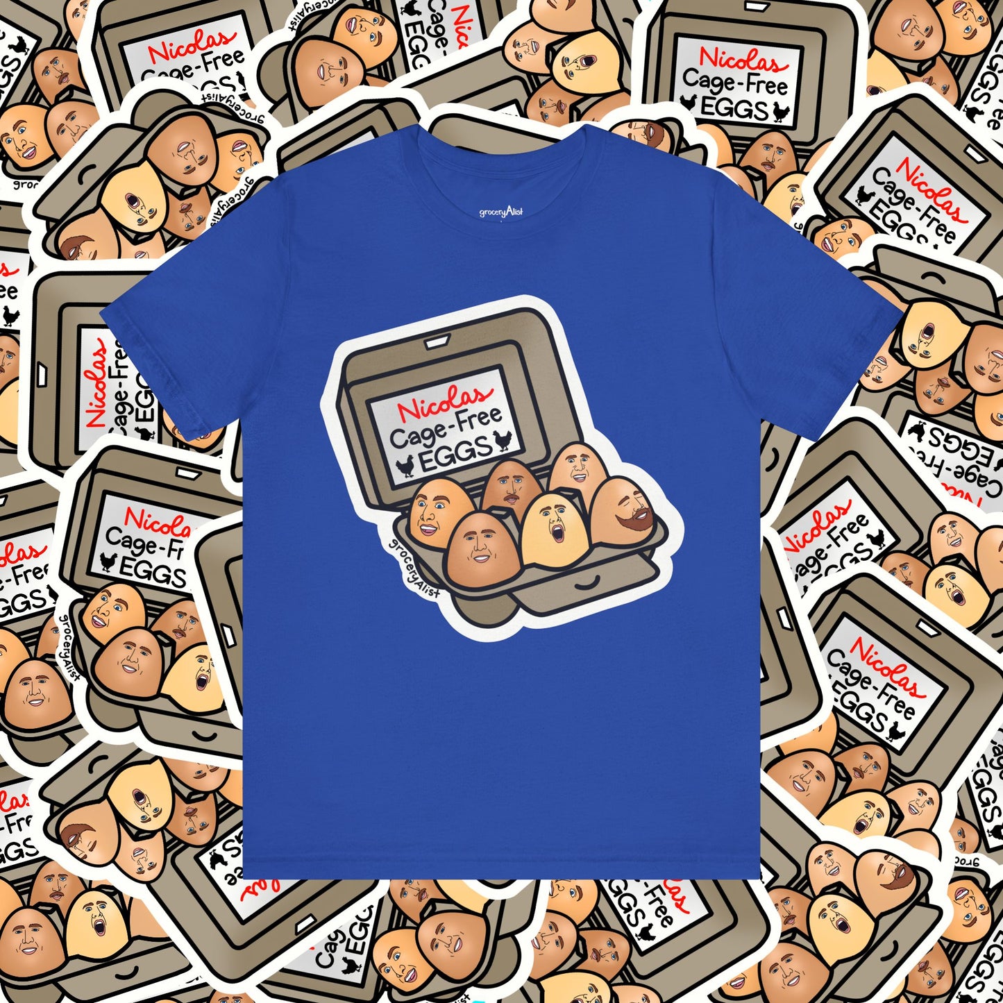 Nicolas Cage-Free Eggs T-shirt Full Front | Celebrity Food Pun T-shirt | Famous Actor Dad Joke Shirt
