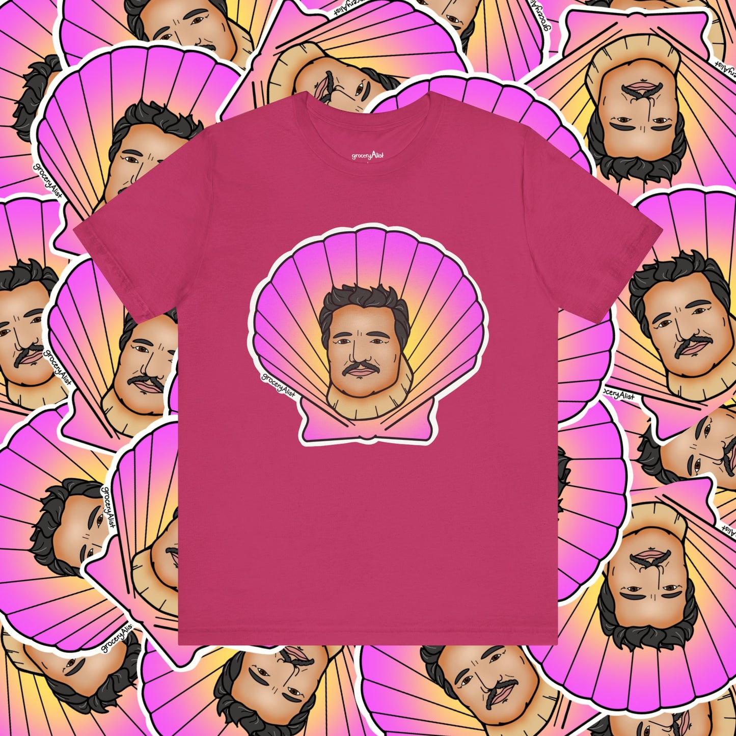 Pedro Pascallop T-shirt Full Front | Celebrity Food Pun T-shirt | Famous Actor Dad Joke Shirt