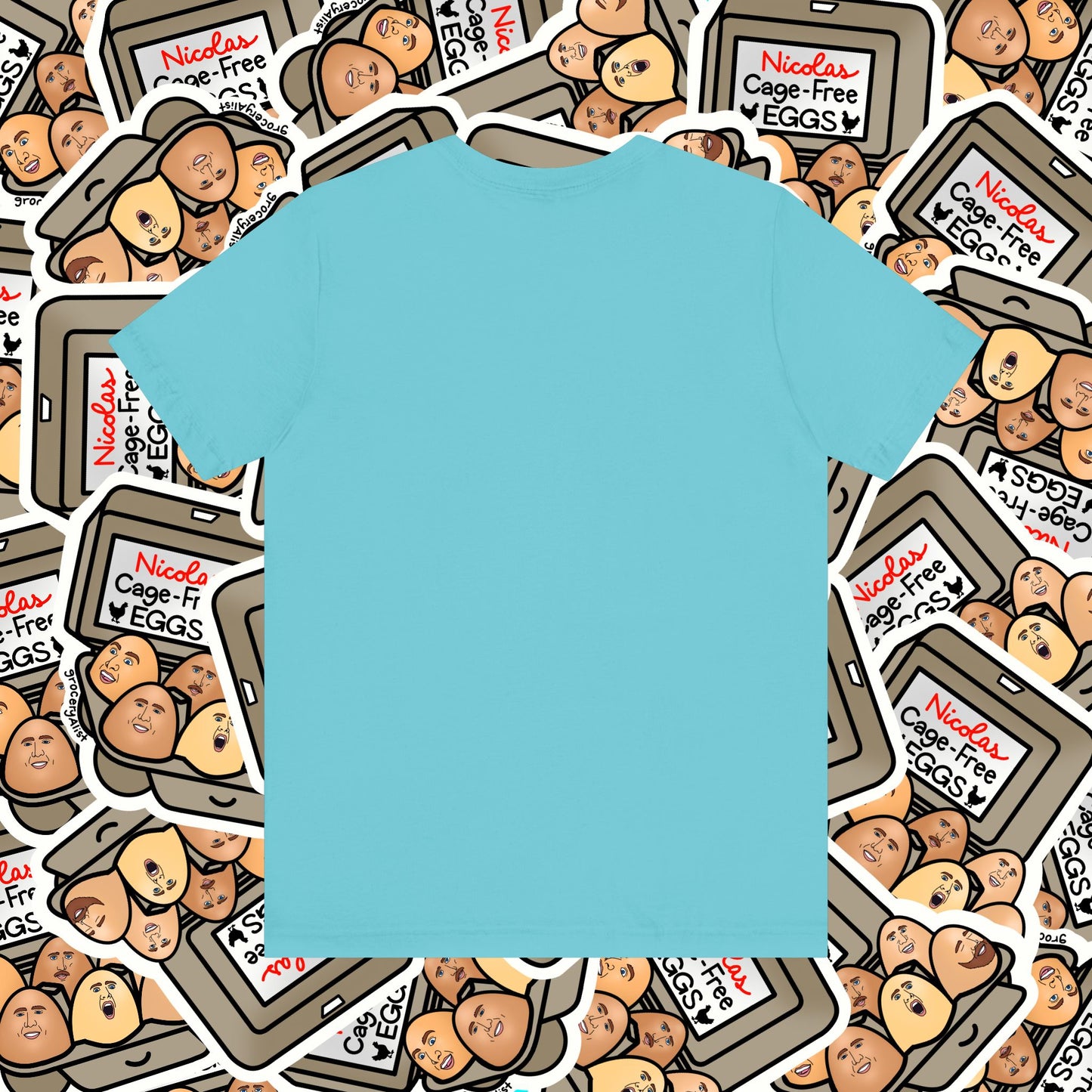 Nicolas Cage-Free Eggs T-shirt Full Front | Celebrity Food Pun T-shirt | Famous Actor Dad Joke Shirt