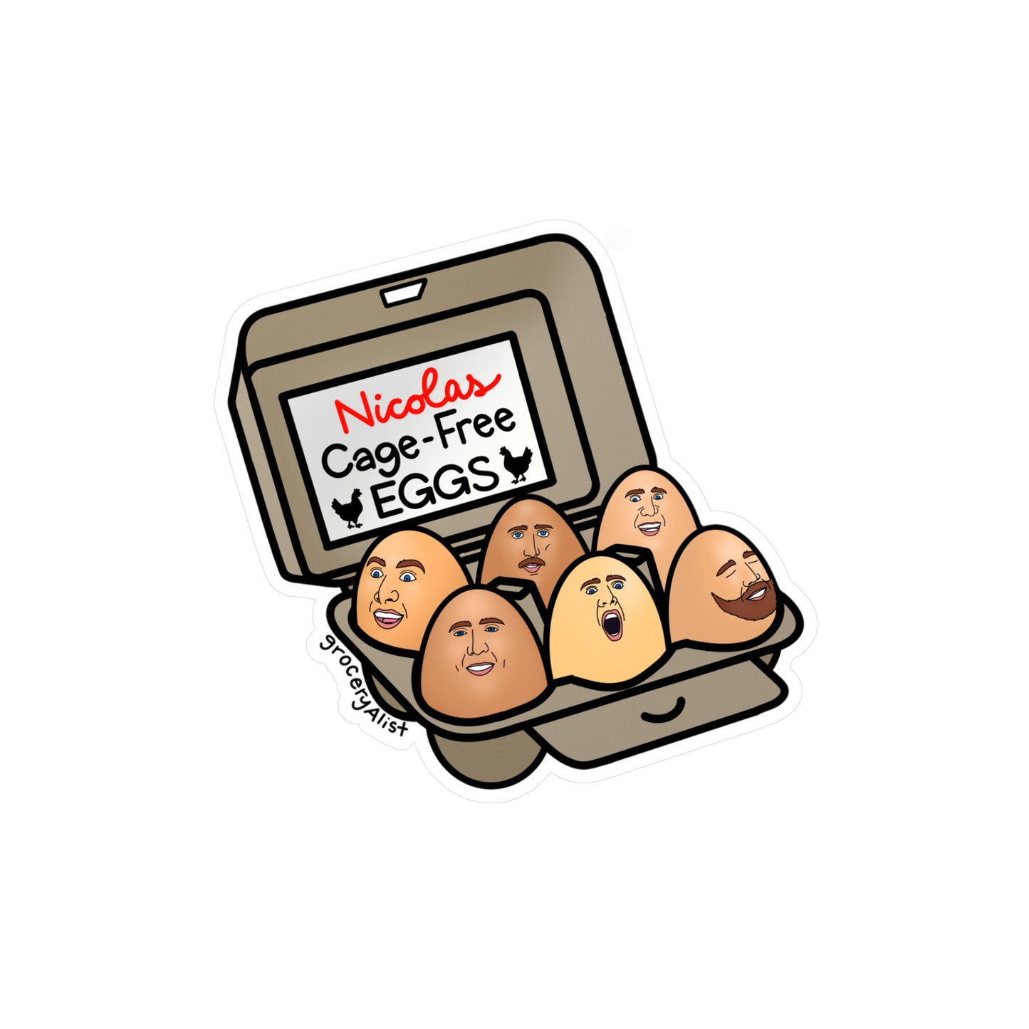 Nicolas Cage-Free Eggs Vinyl Sticker + Lid with Name | Funny Celebrity Food Pun | Famous Actor Wordplay Decal