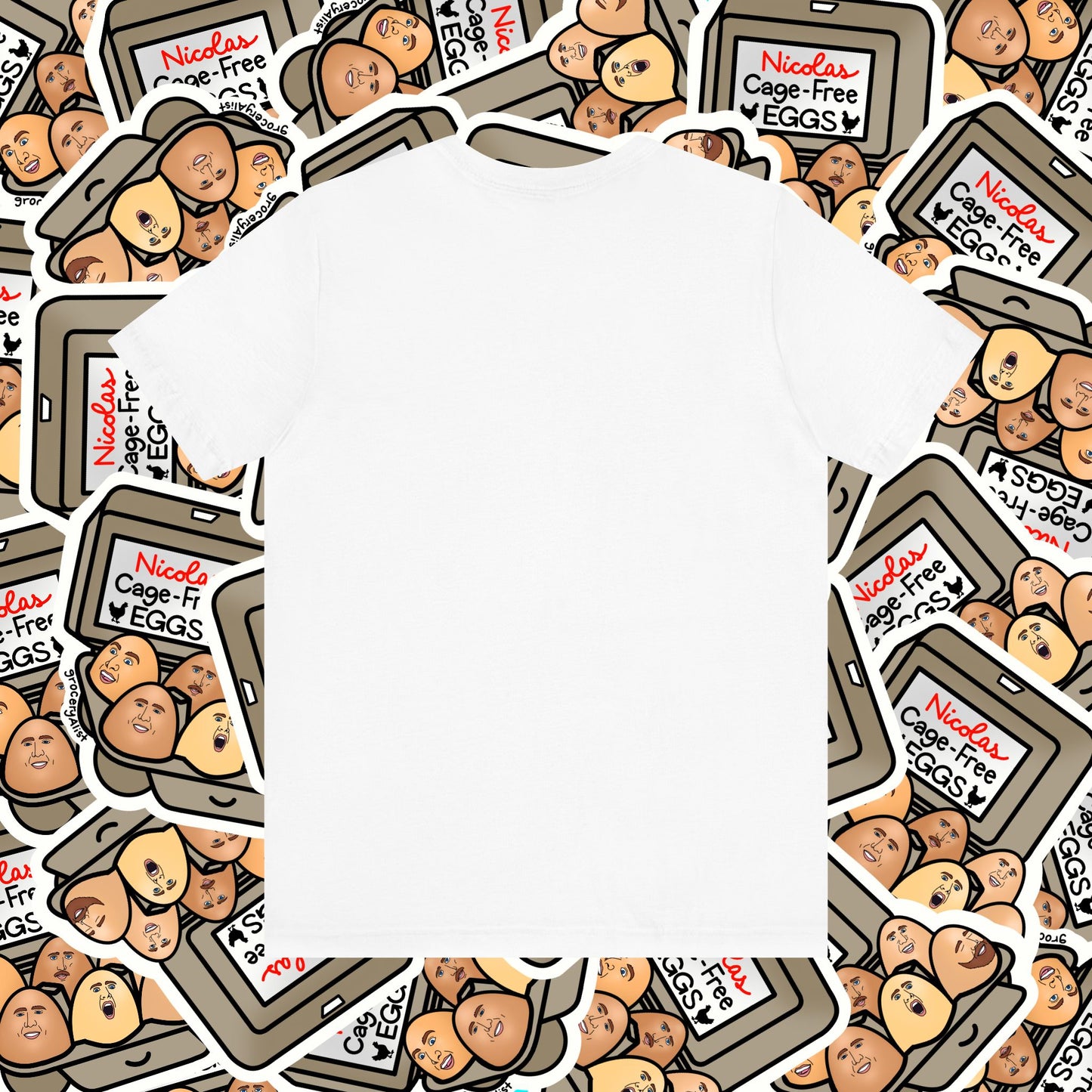 Nicolas Cage-Free Eggs T-shirt Full Front | Celebrity Food Pun T-shirt | Famous Actor Dad Joke Shirt