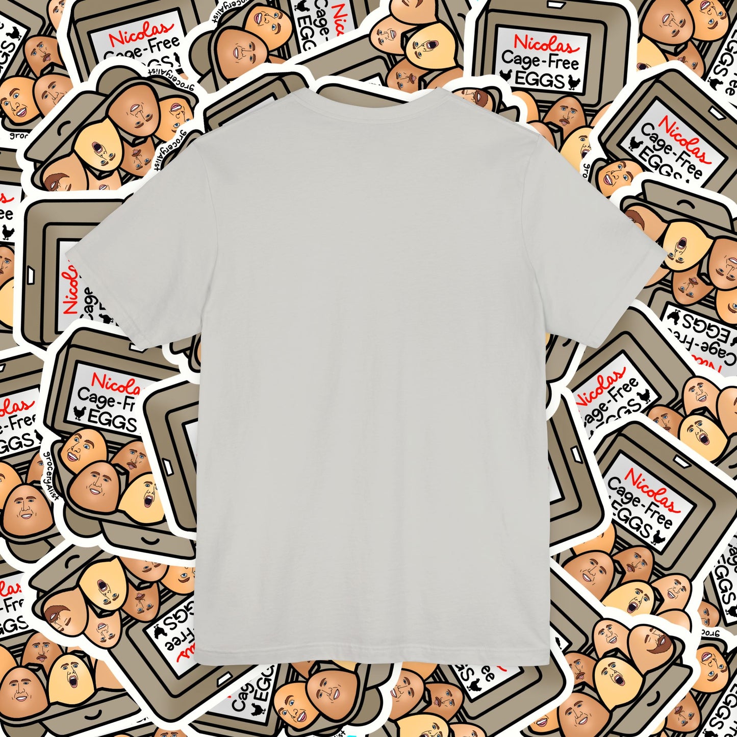 Nicolas Cage-Free Eggs T-shirt Full Front | Celebrity Food Pun T-shirt | Famous Actor Dad Joke Shirt