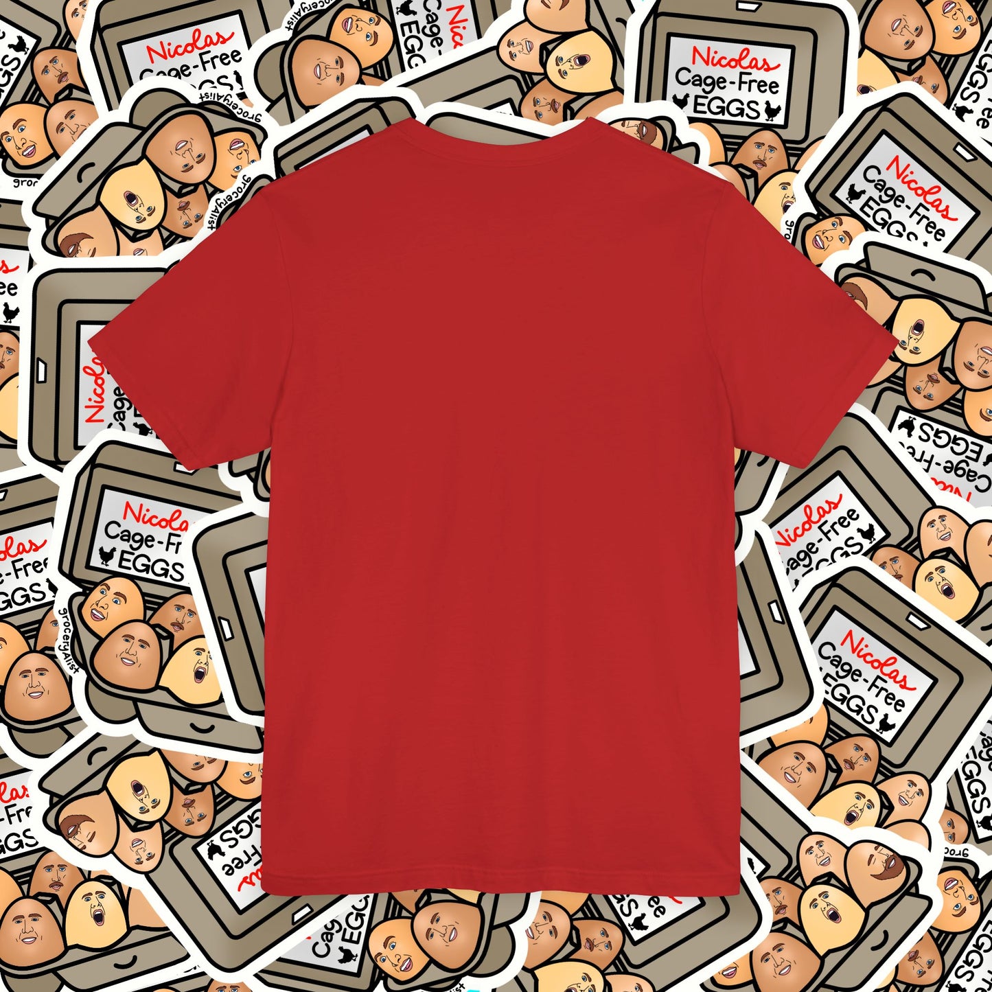 Nicolas Cage-Free Eggs T-shirt Full Front | Celebrity Food Pun T-shirt | Famous Actor Dad Joke Shirt