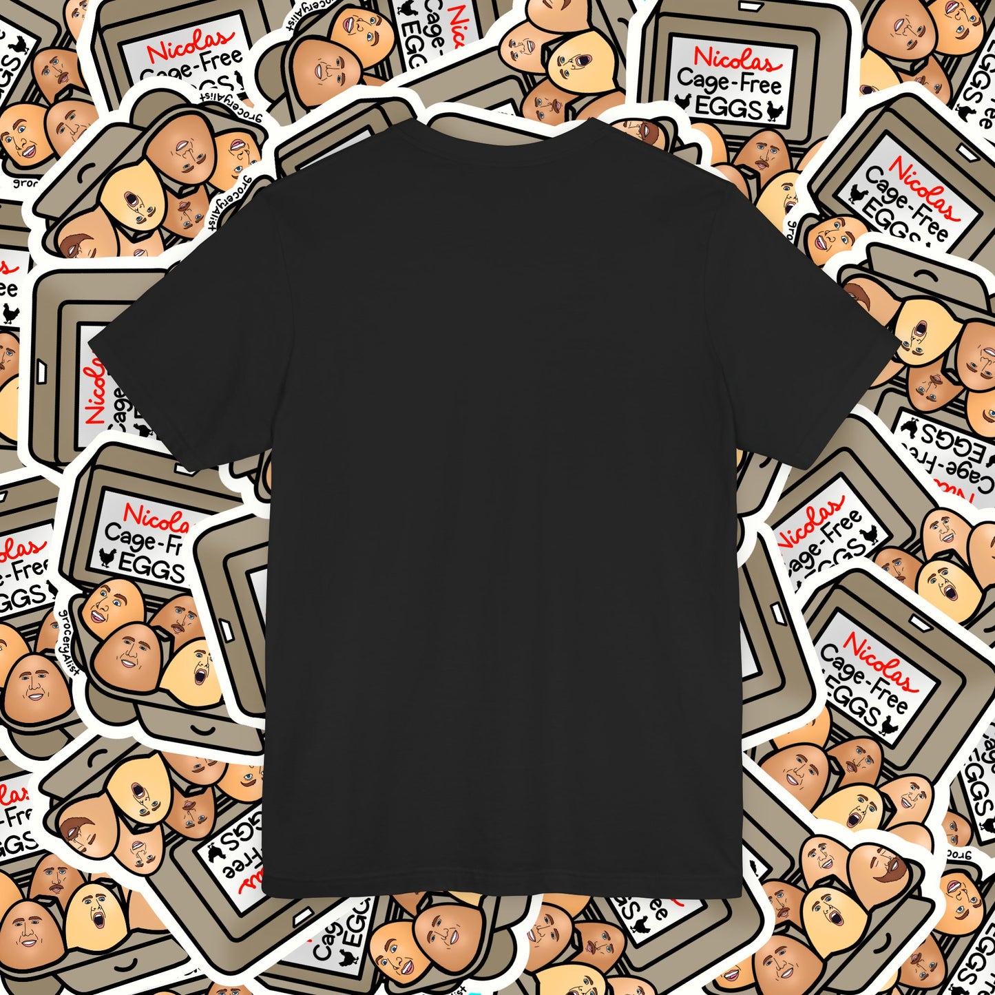 Nicolas Cage-Free Eggs T-shirt Full Front | Celebrity Food Pun T-shirt | Famous Actor Dad Joke Shirt