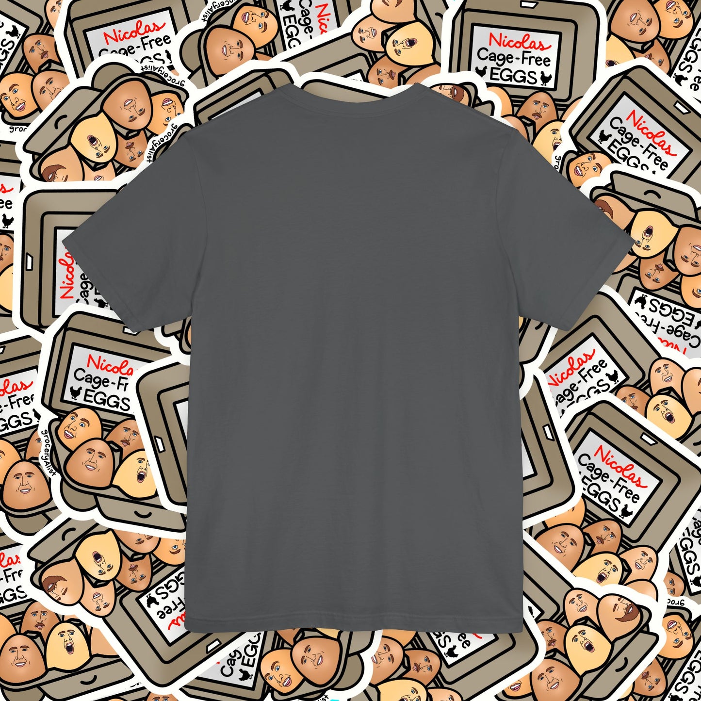 Nicolas Cage-Free Eggs T-shirt Full Front | Celebrity Food Pun T-shirt | Famous Actor Dad Joke Shirt