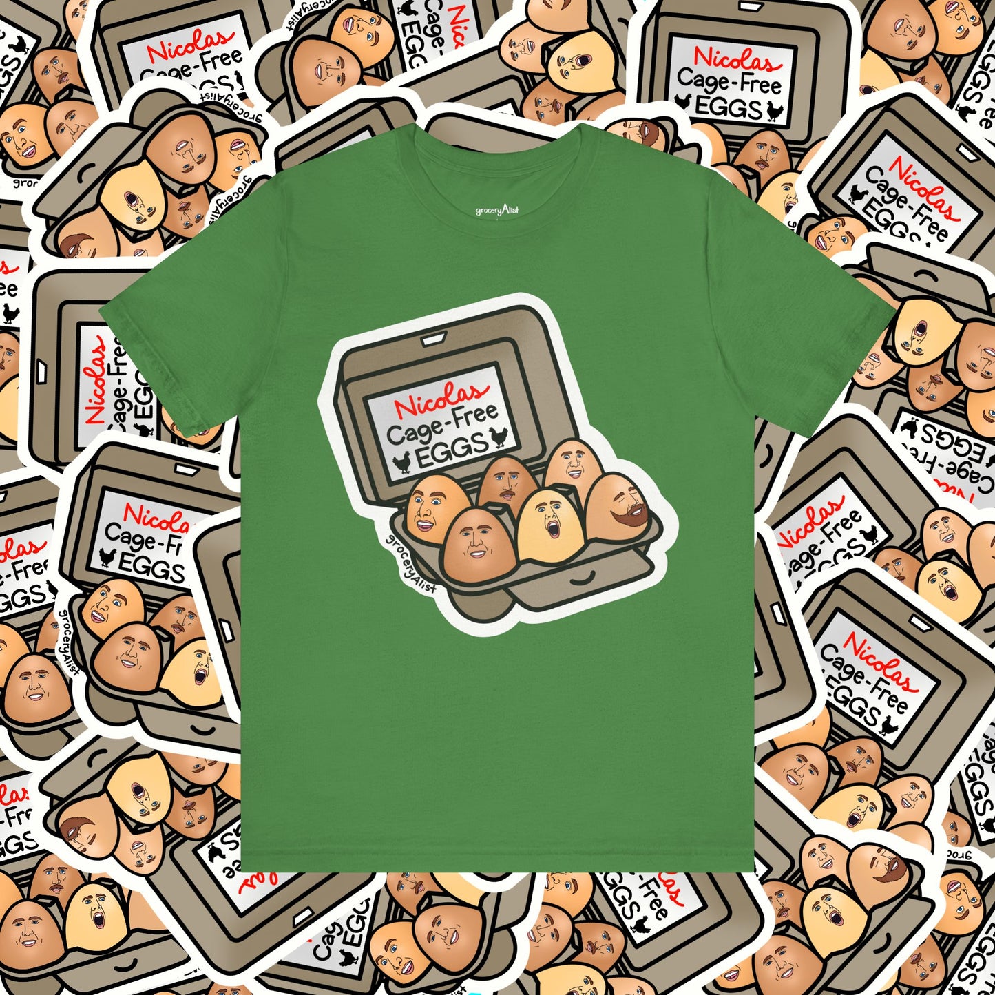 Nicolas Cage-Free Eggs T-shirt Full Front | Celebrity Food Pun T-shirt | Famous Actor Dad Joke Shirt