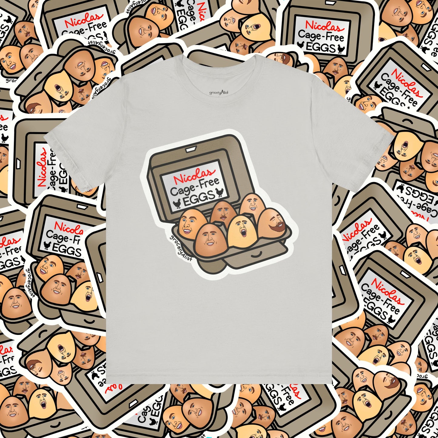 Nicolas Cage-Free Eggs T-shirt Full Front | Celebrity Food Pun T-shirt | Famous Actor Dad Joke Shirt