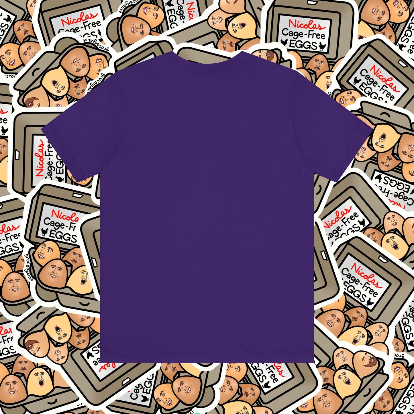 Nicolas Cage-Free Eggs T-shirt Full Front | Celebrity Food Pun T-shirt | Famous Actor Dad Joke Shirt