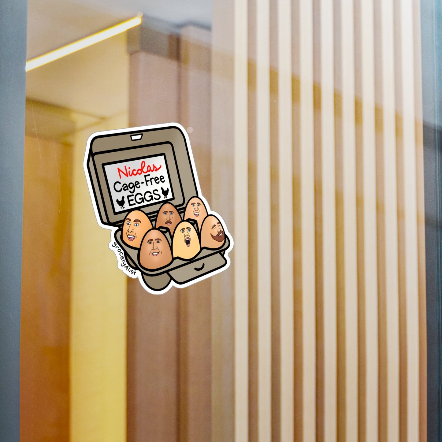 Nicolas Cage-Free Eggs Vinyl Sticker + Lid with Name | Funny Celebrity Food Pun | Famous Actor Wordplay Decal