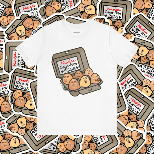 Nicolas Cage-Free Eggs T-shirt Full Front | Celebrity Food Pun T-shirt | Famous Actor Dad Joke Shirt
