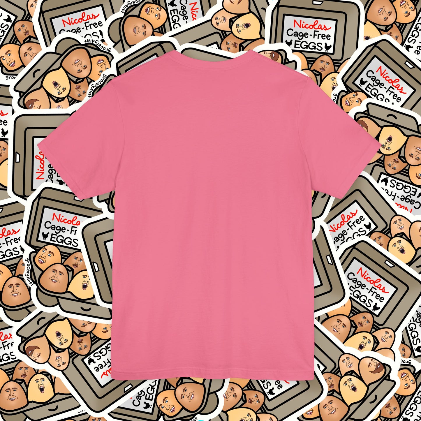 Nicolas Cage-Free Eggs T-shirt Full Front | Celebrity Food Pun T-shirt | Famous Actor Dad Joke Shirt