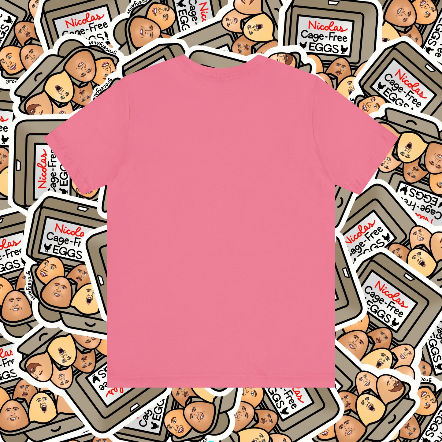 Nicolas Cage-Free Eggs T-shirt Full Front | Celebrity Food Pun T-shirt | Famous Actor Dad Joke Shirt