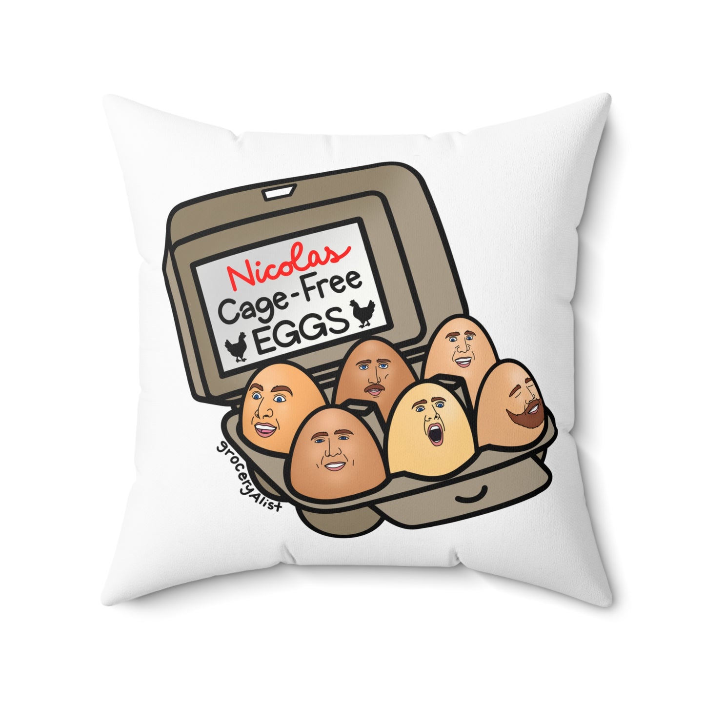 Nicolas Cage-Free Eggs Pillow | Funny Celebrity Food Pun Throw Pillow | Famous Actor Dad Joke Wordplay Cushion