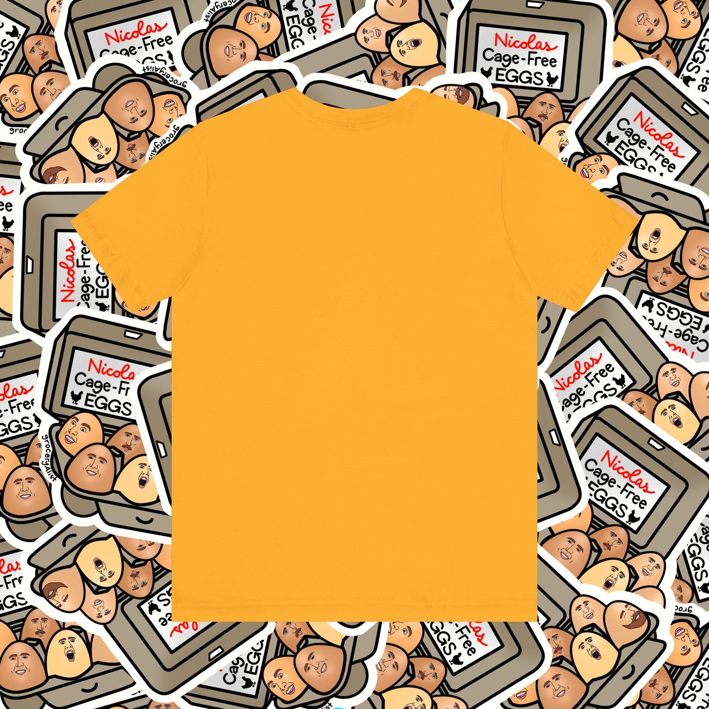 Nicolas Cage-Free Eggs T-shirt Full Front | Celebrity Food Pun T-shirt | Famous Actor Dad Joke Shirt