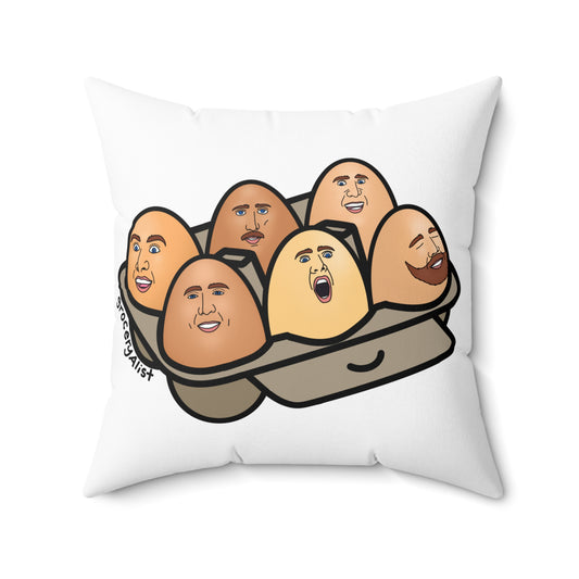 Nicolas Cage-Free Eggs Pillow | Funny Celebrity Food Pun Throw Pillow | Famous Actor Dad Joke Wordplay Cushion